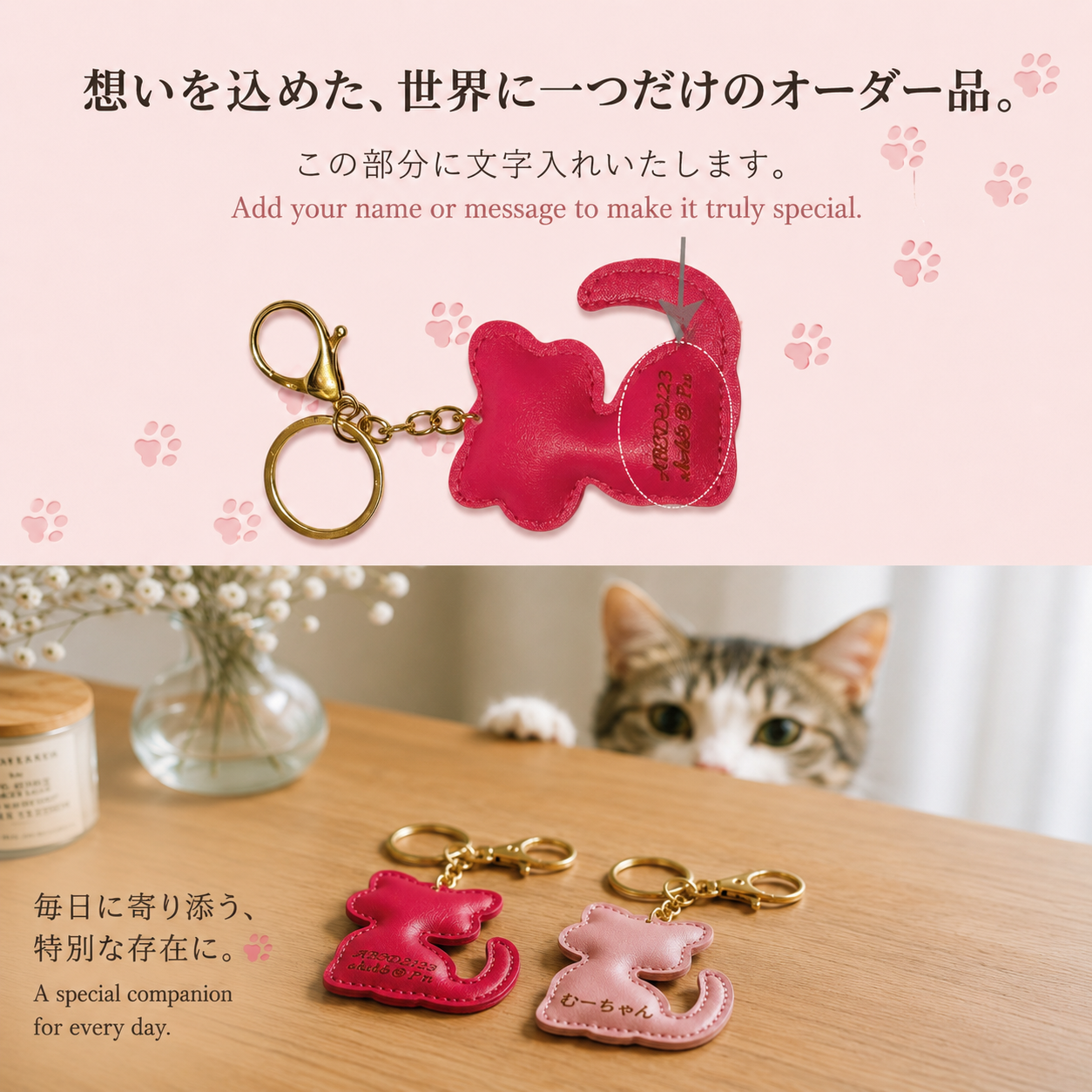 名入れ 猫 キーホルダー PUレザー キャットチャーム付き キーリング ギフト