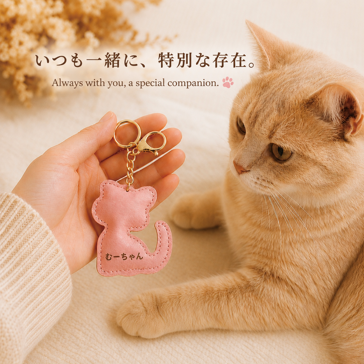 名入れ 猫 キーホルダー PUレザー キャットチャーム付き キーリング ギフト
