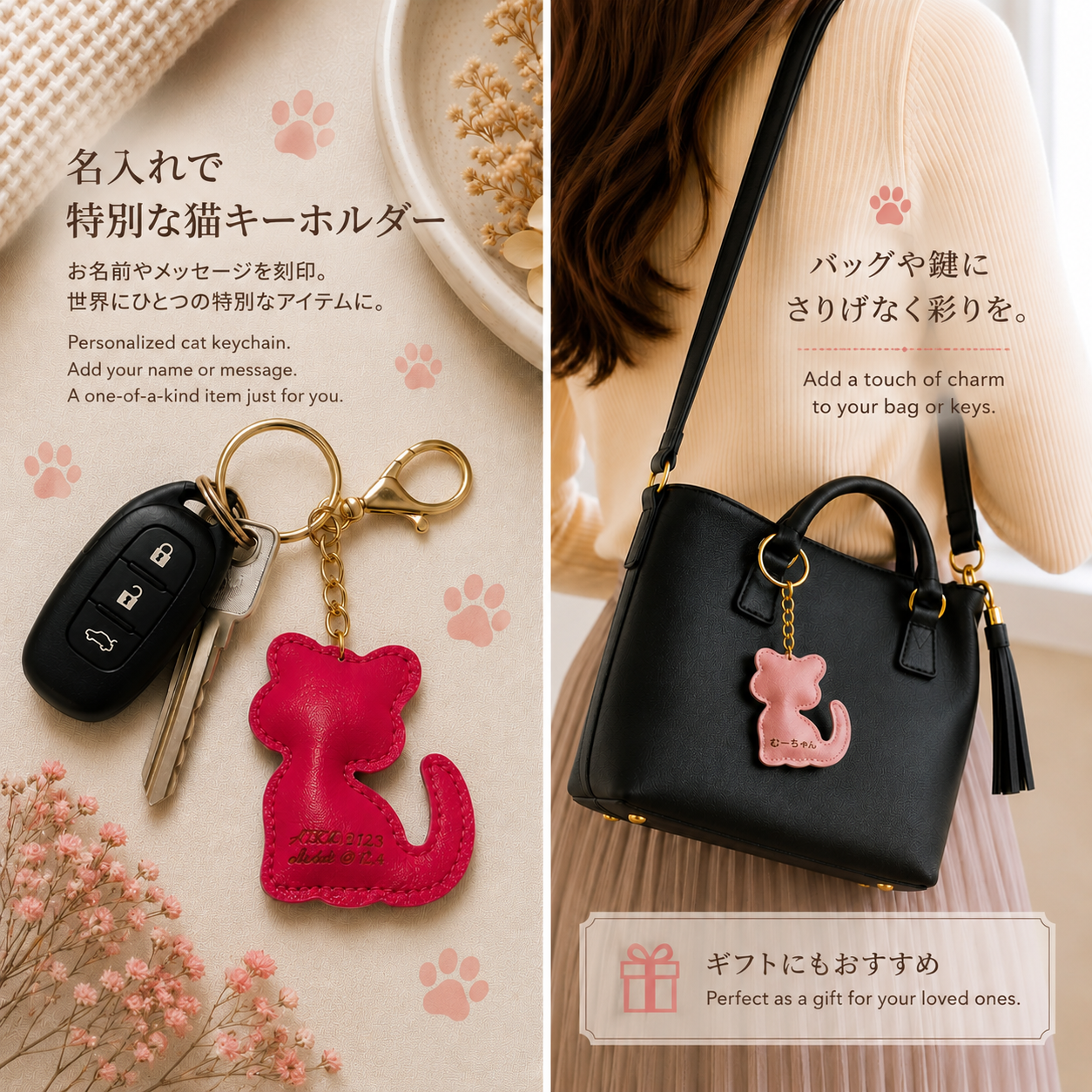 名入れ 猫 キーホルダー PUレザー キャットチャーム付き キーリング ギフト