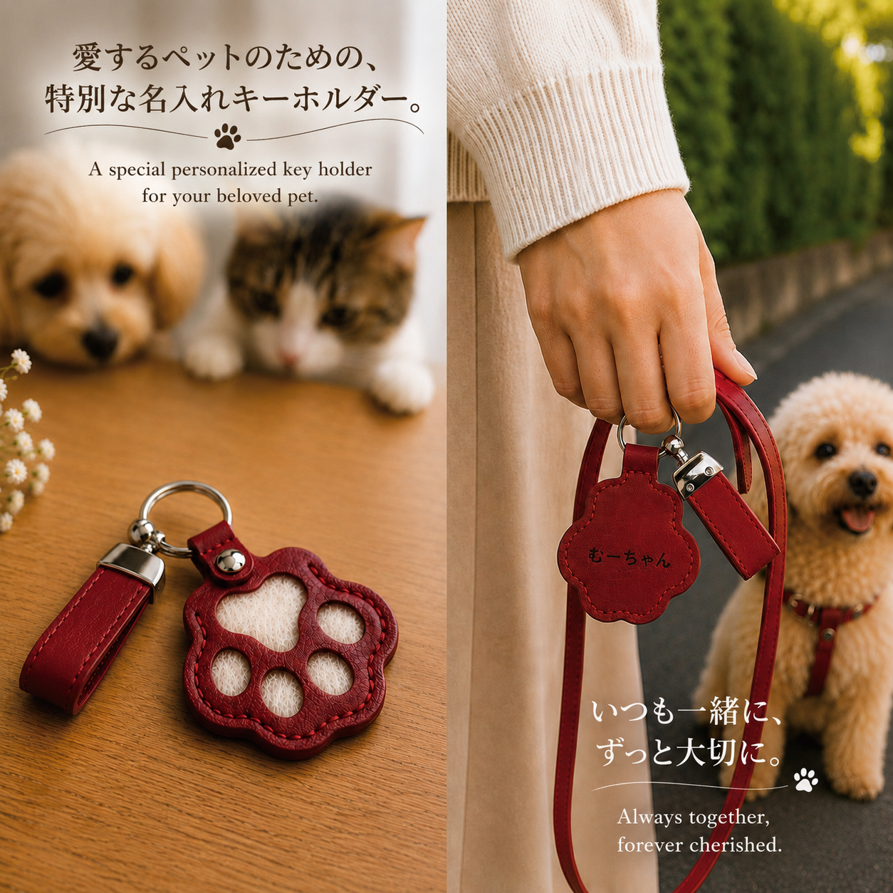 名入れ 肉球キーホルダー ペット メモリアル 遺毛 ひげケース PUレザー 犬 猫 オーダーメイド ギフト